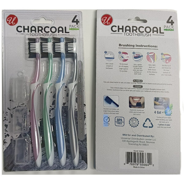 4PK CHARCOAL TOOTH BRUSH W/3 CAP MED-48